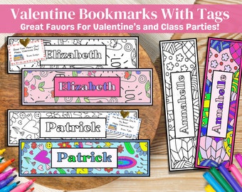 May include: Valentine's Day bookmarks with tags. The image shows several colourful bookmarks with names like Elizabeth, Patrick, and Annabelle. The bookmarks have various designs, including hearts, flowers, and patterns. The text "Valentine Bookmarks With Tags" is at the top.