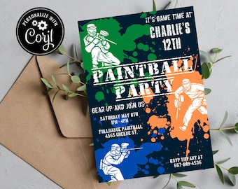 Paintball Party Invitation, Paintball Birthday Invitation, Editable Paintball Invite, Printable Paintball Invitation Template, Corjl Invite