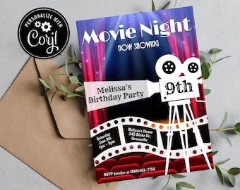 May include: A movie night birthday party invitation with a red and blue background. The invitation features a film camera with the text "9th" on it. The text "Movie Night" is at the top of the invitation with the text "Now Showing" below it. The invitation also includes the text "Melissa's Birthday Party" and the date and time of the party.