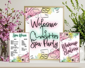 Spa Party Printables, Spa Party Stations, Spa Party Signs, Spa Birthday Party Decorations, Sleepover Party Decorations, Party Welcome Sign