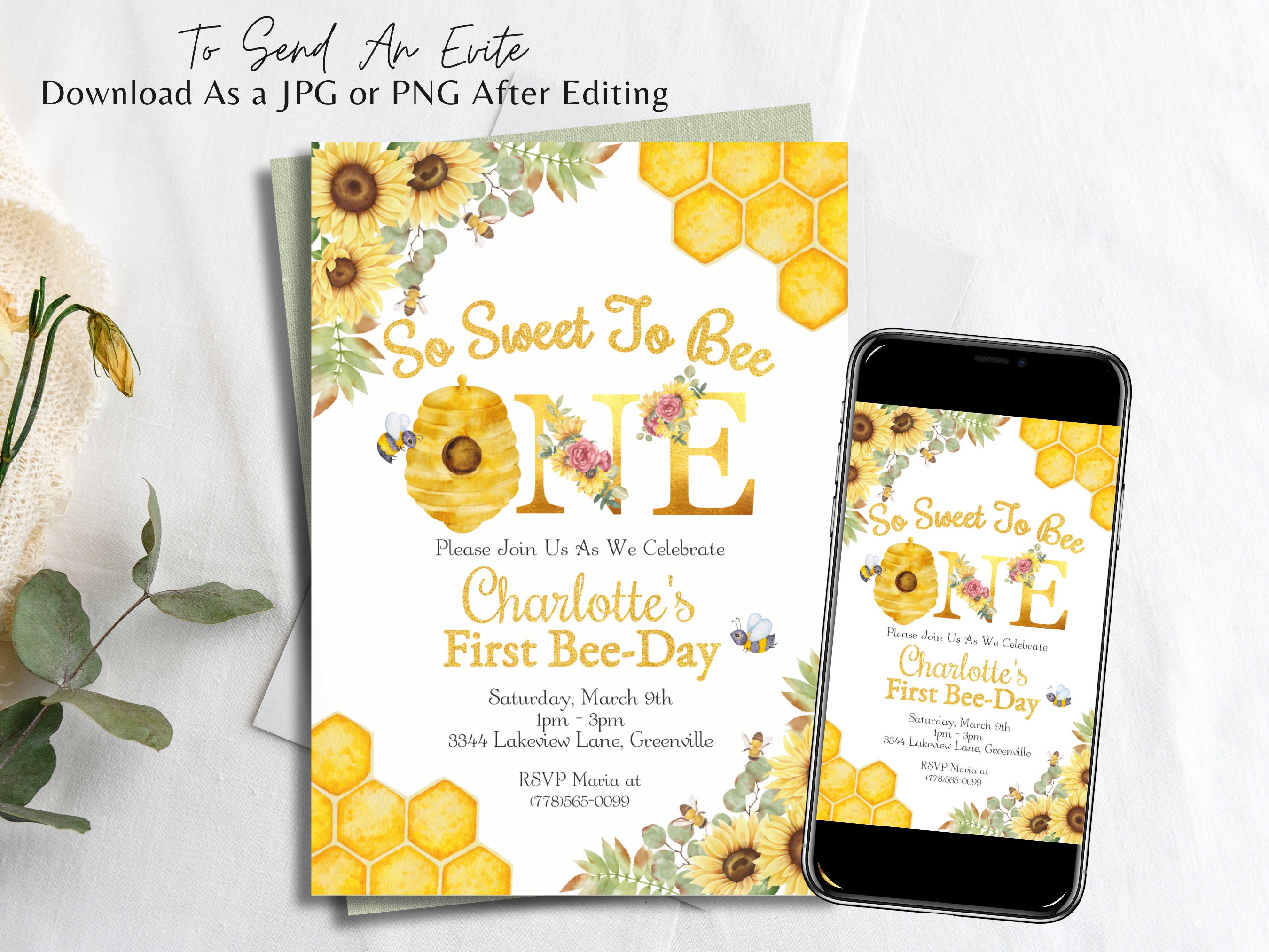 Editable First Bee Day Birthday Party Invitation, so Sweet to Bee One ...