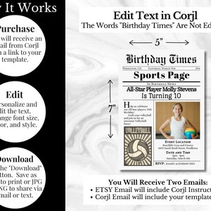 May include: A printable birthday invitation template in the style of a newspaper. The invitation is for a volleyball player turning 10. The template is 7 inches tall and 5 inches wide. The text on the invitation reads "Birthday Times Sports Page" and "All-Star Player Molly Stevens Is Turning 10".