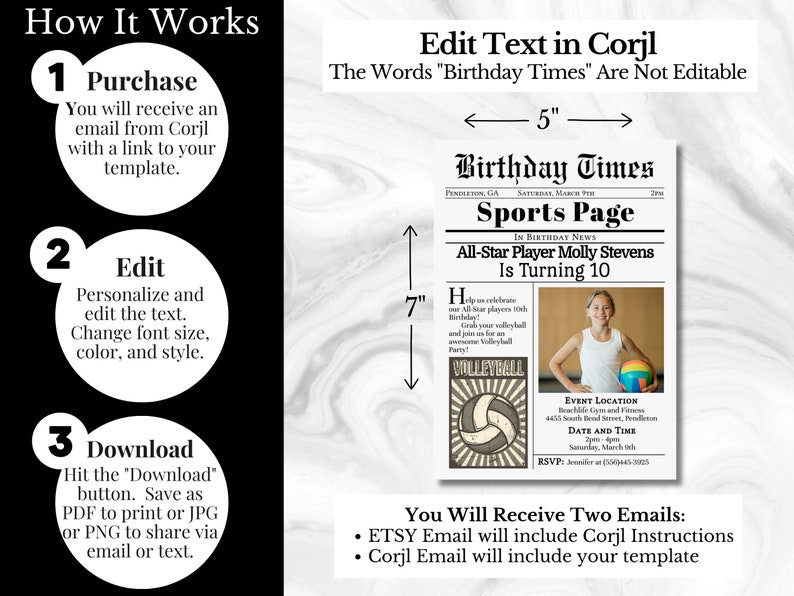 May include: A printable birthday invitation template in the style of a newspaper. The invitation is for a volleyball player turning 10. The template is 7 inches tall and 5 inches wide. The text on the invitation reads "Birthday Times Sports Page" and "All-Star Player Molly Stevens Is Turning 10".