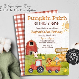 May include: A printable invitation for a pumpkin patch birthday party. The invitation features a watercolor illustration of a red barn, a tractor, pumpkins, and children. The text on the invitation reads "Pumpkin Patch Birthday Bash!" and "Benjamin's 3rd Birthday!"
