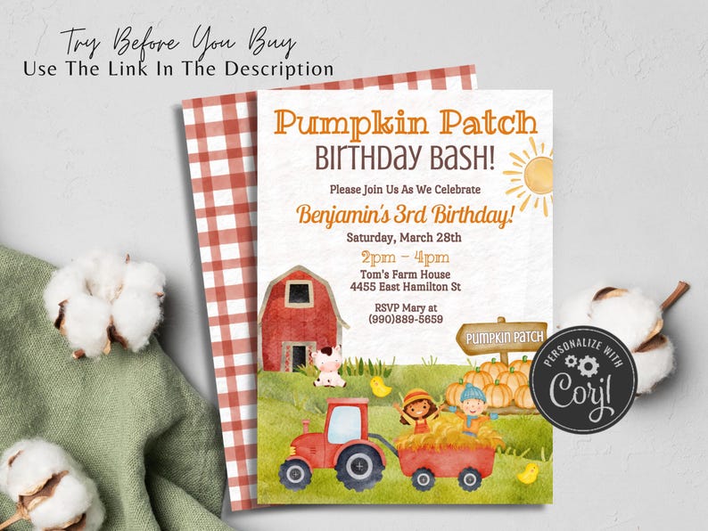 May include: A printable invitation for a pumpkin patch birthday party. The invitation features a watercolor illustration of a red barn, a tractor, pumpkins, and children. The text on the invitation reads "Pumpkin Patch Birthday Bash!" and "Benjamin's 3rd Birthday!"