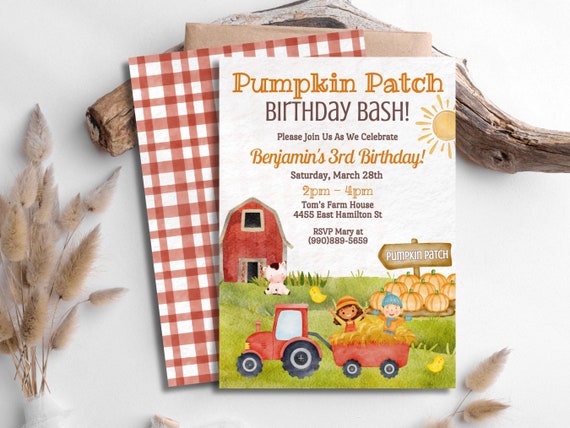 Pumpkin Patch Birthday Invitation, Fall Farm Birthday Party Invite, Pumpkin Theme Birthday Invitation, Pumpkin Patch Party Invite