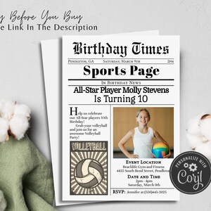 May include: A newspaper-style birthday invitation with a volleyball theme. The headline reads "All-Star Player Molly Stevens Is Turning 10". A photo of a girl holding a volleyball is included. The invitation includes the event location, date, and time. The text "Personalize with Corjl" is in a circle at the bottom right corner.