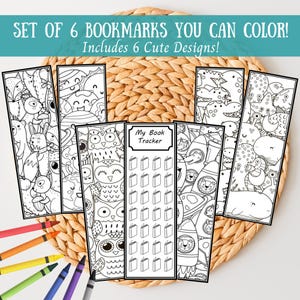 May include: Set of six black and white printable bookmarks featuring cute illustrations of animals, space, and owls. The bookmarks are designed to be colored in. One bookmark features a book tracker with 25 spaces to track books read.