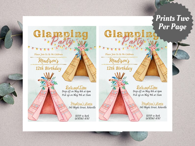 Editable Glamping Party Invitation, Printable Teen Slumber Party ...