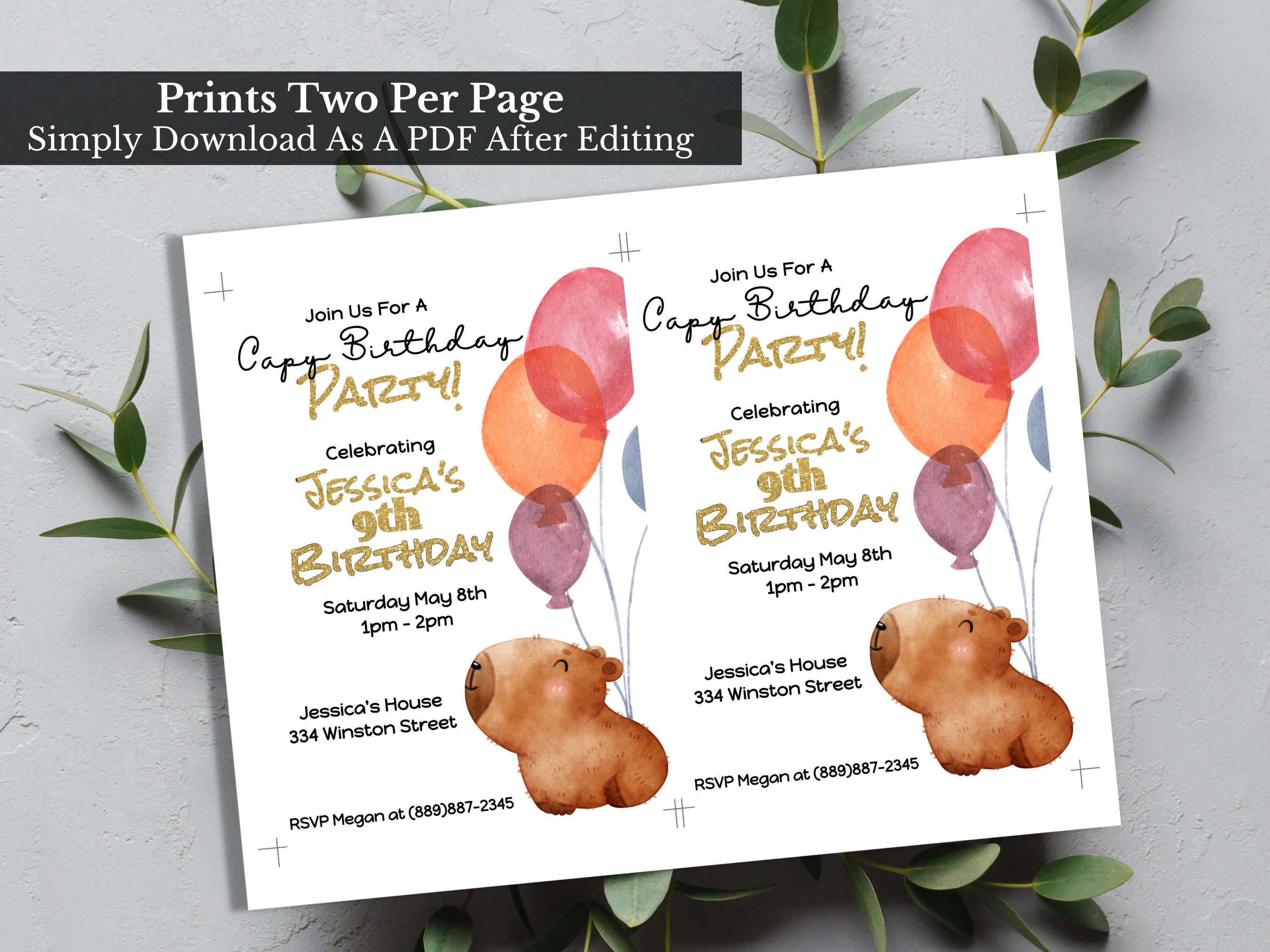 Capybara Birthday Invitation, Capybara Invitation, Capybara Birthday