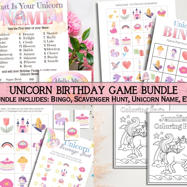 Unicorn Party Games, Unicorn Birthday Party Bundle, Unicorn Bingo, Unicorn Scavenger Hunt, Unicorn Activities, Printable Party Games