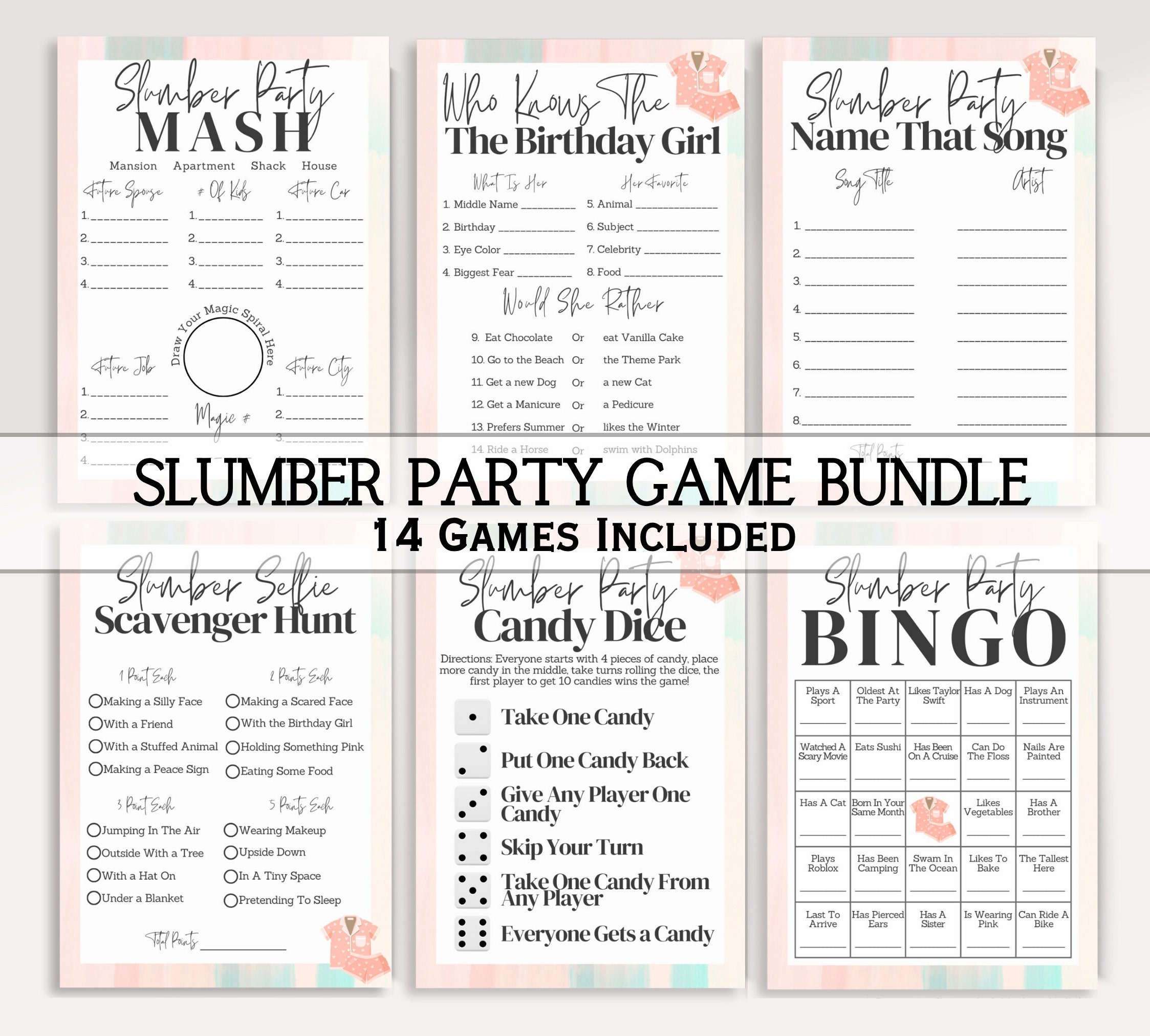 Slumber Party Game Bundle, Printable Slumber Party Games, Girl ...