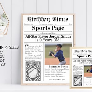 May include: A printable birthday party invitation in the style of a newspaper. The headline reads "Birthday Times Sports Page" and features a photo of a young boy playing baseball. The text includes the birthday boy's name, age, and birthday stats. The invitation is available in four sizes: 8x10, 16x20, 18x24, and 22x28 inches.