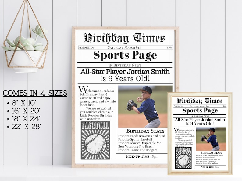 May include: A printable birthday party invitation in the style of a newspaper. The headline reads "Birthday Times Sports Page" and features a photo of a young boy playing baseball. The text includes the birthday boy's name, age, and birthday stats. The invitation is available in four sizes: 8x10, 16x20, 18x24, and 22x28 inches.