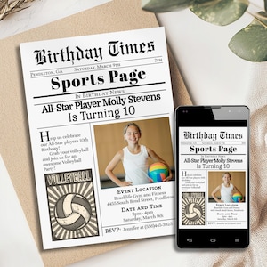 A volleyball party invitation that is perfect for a volleyball themed party.  This invite is 5 by 7 inches and is editable in Corjl. It is decorated like the front page of a newspaper and has a spot for your childs photo.