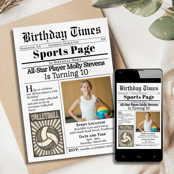 Volleyball Birthday Invitation, Volleyball Birthday Party, Volleyball Invitation With Photo, Newspaper Birthday Template, Volleyball Invite