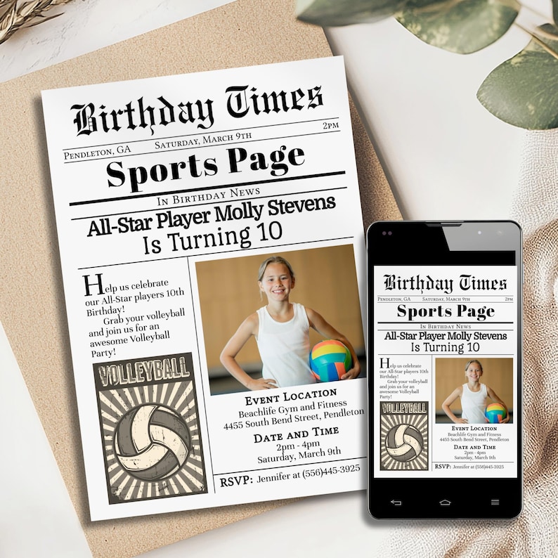 A volleyball party invitation that is perfect for a volleyball themed party.  This invite is 5 by 7 inches and is editable in Corjl. It is decorated like the front page of a newspaper and has a spot for your childs photo.