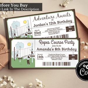 May include: Two printable party invitations for a ropes course birthday party. The top invitation is for Jordan's 12th birthday and the bottom invitation is for Amanda's 8th birthday. Both invitations feature a cartoon illustration of people on a ropes course.