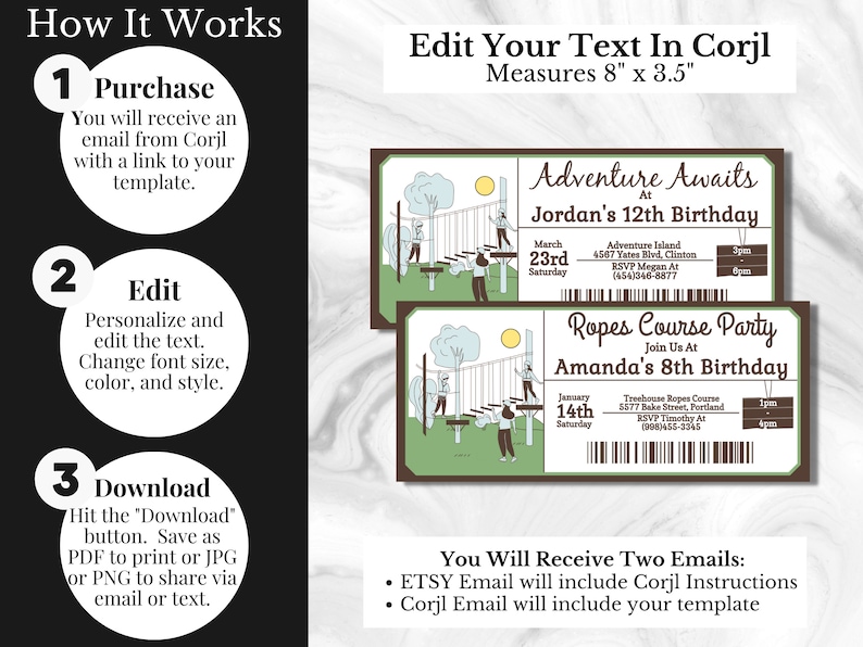 May include: Two printable invitations for an adventure-themed birthday party. The top invitation is for Jordan's 12th birthday at Adventure Island. The bottom invitation is for Amanda's 8th birthday at Treehouse Ropes Course. Both invitations feature a cartoon illustration of a ropes course with people climbing. The invitations are 8 inches by 3.5 inches.