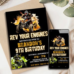 May include: A black and gold birthday invitation with a graphic of a person riding an ATV. The text reads "Rev Your Engines and Race On Over to Brandon's 9th Birthday". The invitation includes the date, time, and location of the party.