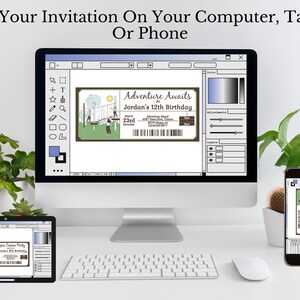 May include: A computer screen, tablet, and smartphone displaying a customizable invitation template for a birthday party. The invitation features a cartoon illustration of people on a ropes course and the text "Adventure Awaits at Jordan's 12th Birthday".