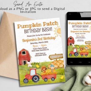 May include: A printable invitation for a child's third birthday party. The invitation features a watercolor illustration of a pumpkin patch, a red barn, and a tractor. The text on the invitation reads "Pumpkin Patch Birthday Bash!" and "Benjamin's 3rd Birthday!"