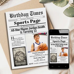 Basketball Birthday Invitation With Photo, Basketball Birthday Party Invite, Basketball Newspaper Invitation, Digital Basketball Invitation