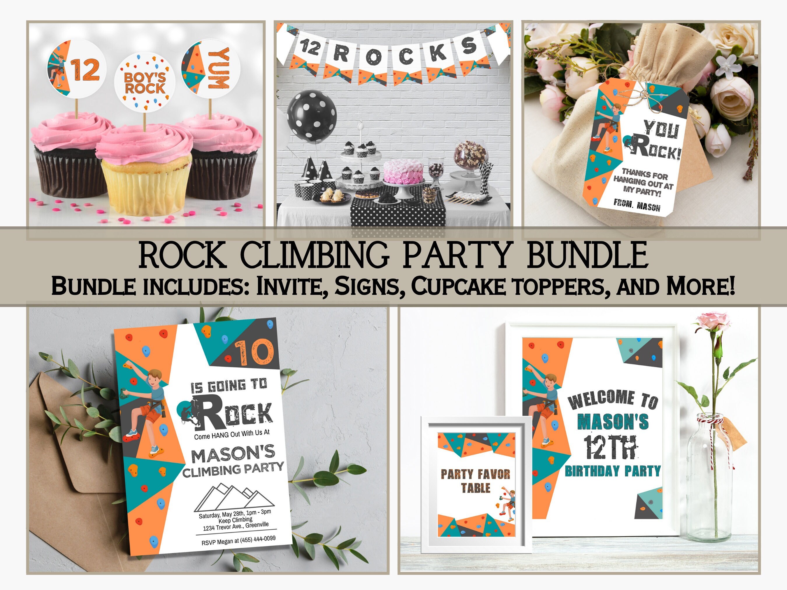 Boy Rock Climbing Birthday Party Supplies, Rock Climbing Invitation, Rock Climbing Party Signs, Rock Climbing Party Bundle, Climbing Invite