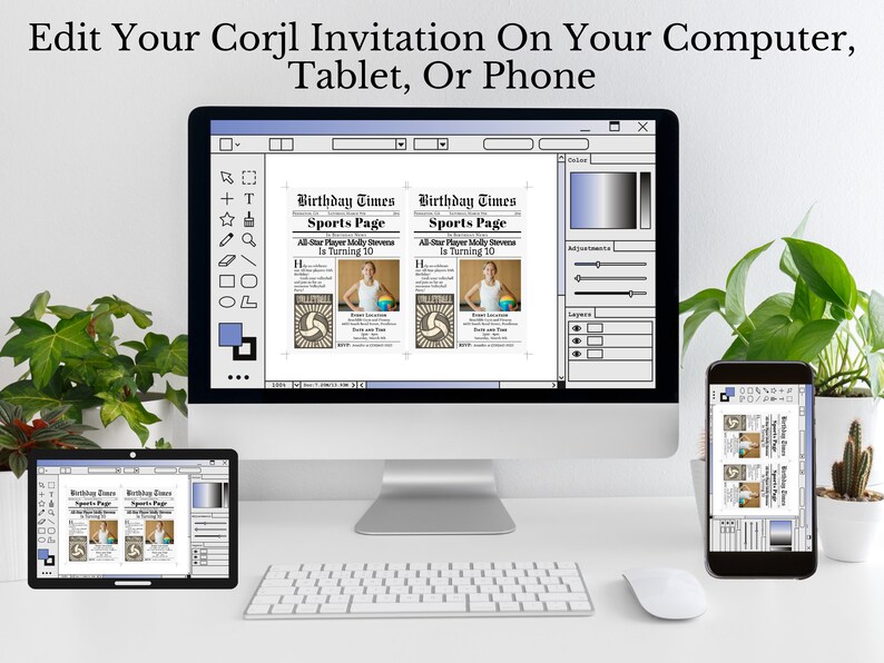 May include: A computer screen, tablet, and smartphone displaying a Corjl invitation template for a birthday party. The template is designed to look like a newspaper sports page with the headline "Birthday Times Sports Page". The invitation is customizable with a photo and text.