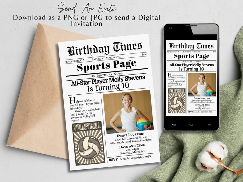 May include: A printable birthday invitation in the style of a newspaper with a volleyball theme. The invitation features a photo of a young girl holding a volleyball, and the text "All-Star Player Molly Stevens Is Turning 10".