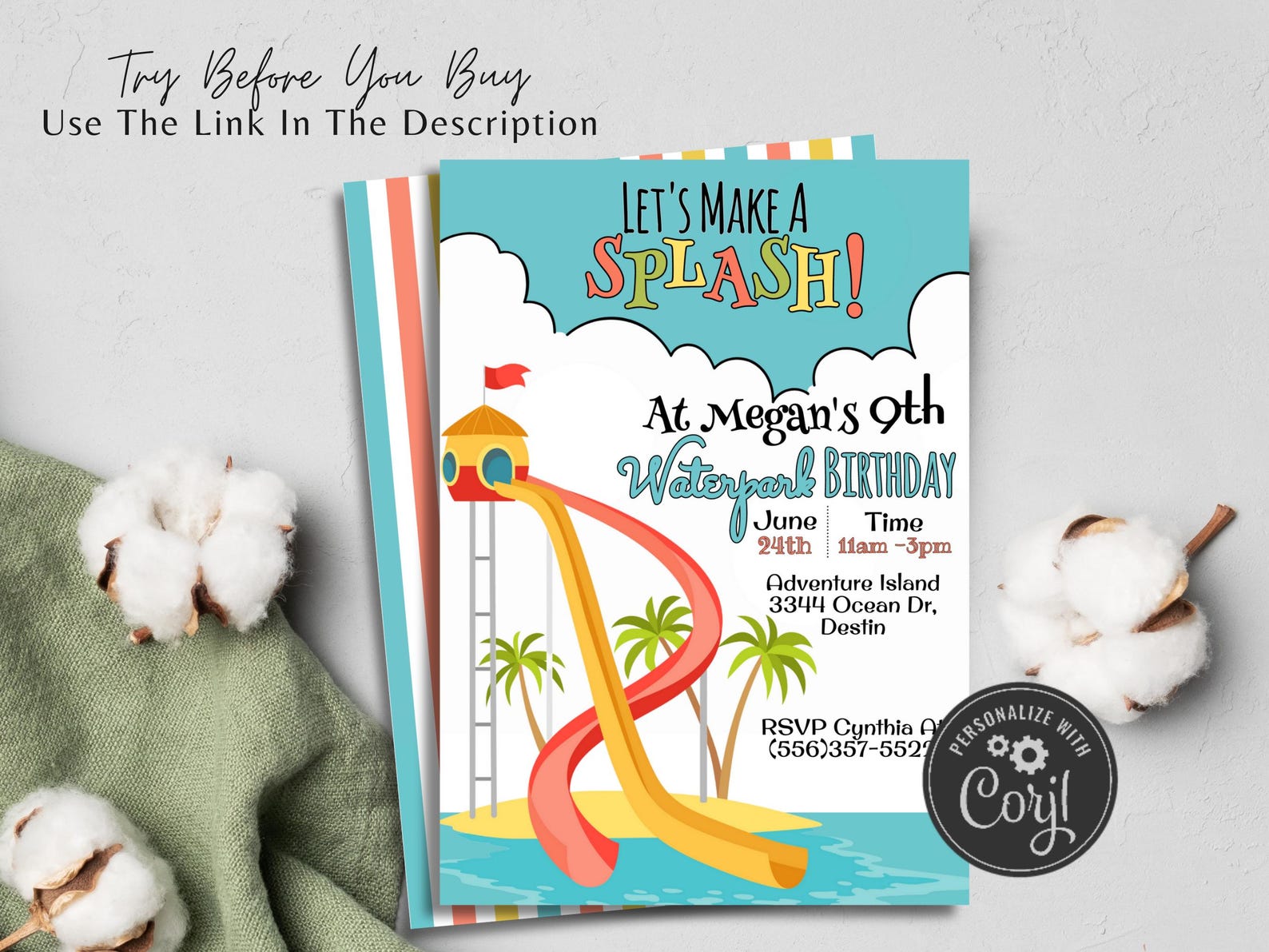 Editable Waterpark Birthday Invitation, Water Park Birthday Invitation, Water Slide Birthday ...