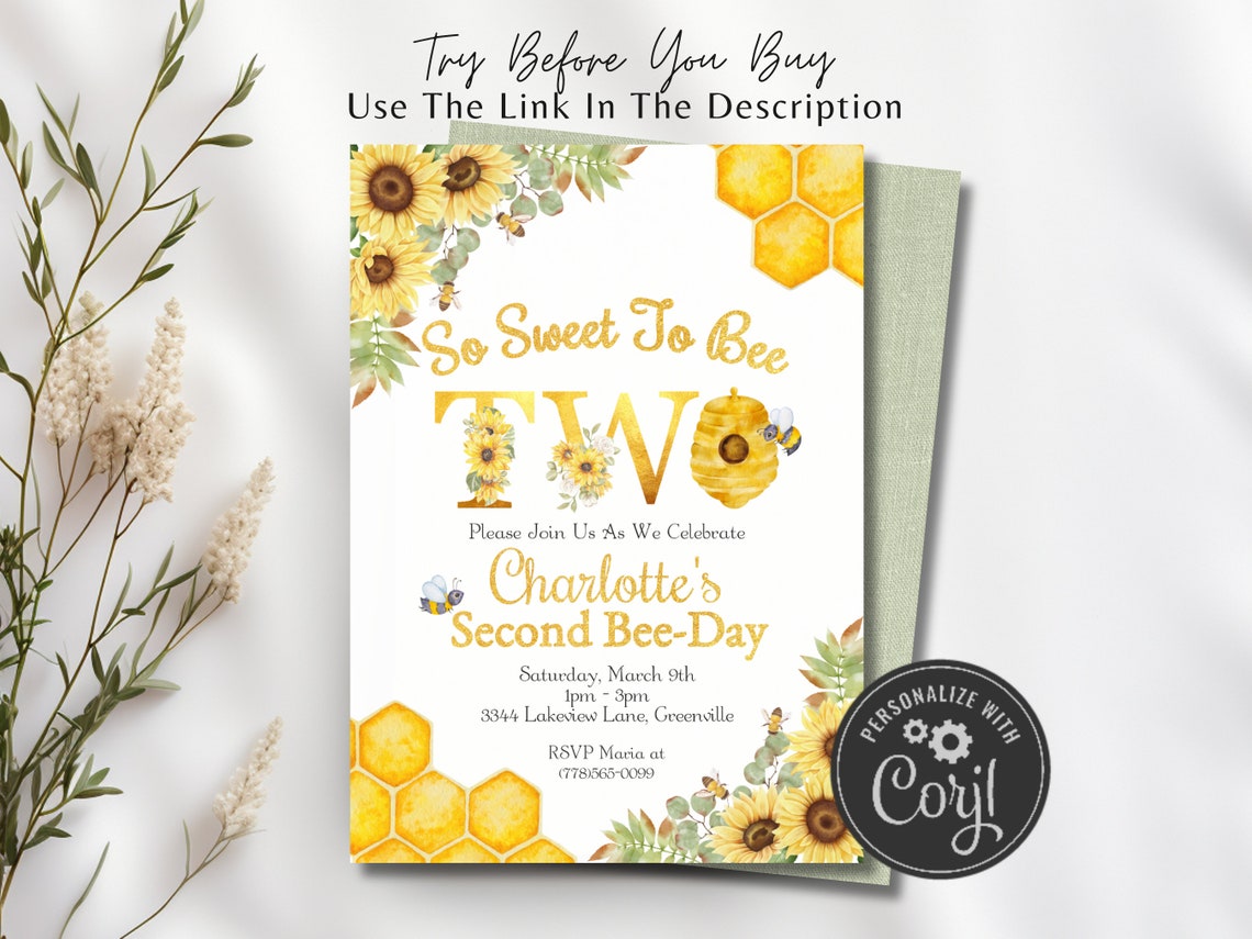 Editable Second Bee Day Birthday Party Invitation, so Sweet to Bee Two ...