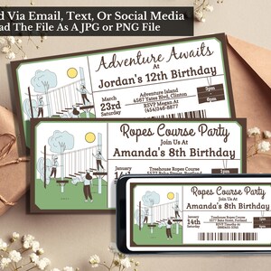 May include: Two brown and green invitations for a ropes course party. The top invitation is for Jordan's 12th birthday and the bottom invitation is for Amanda's 8th birthday. Both invitations feature a cartoon illustration of people on a ropes course.