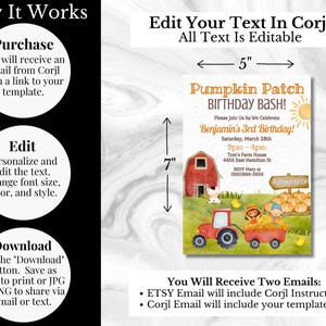May include: A printable 5x7 inch invitation for a pumpkin patch birthday party. The invitation features a cartoon illustration of a red barn, a tractor, and children in a wagon. The text on the invitation reads "Pumpkin Patch Birthday Bash!" and includes details about the party, such as the date, time, and location.