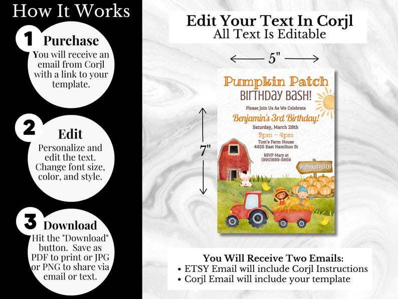 May include: A printable 5x7 inch invitation for a pumpkin patch birthday party. The invitation features a cartoon illustration of a red barn, a tractor, and children in a wagon. The text on the invitation reads "Pumpkin Patch Birthday Bash!" and includes details about the party, such as the date, time, and location.