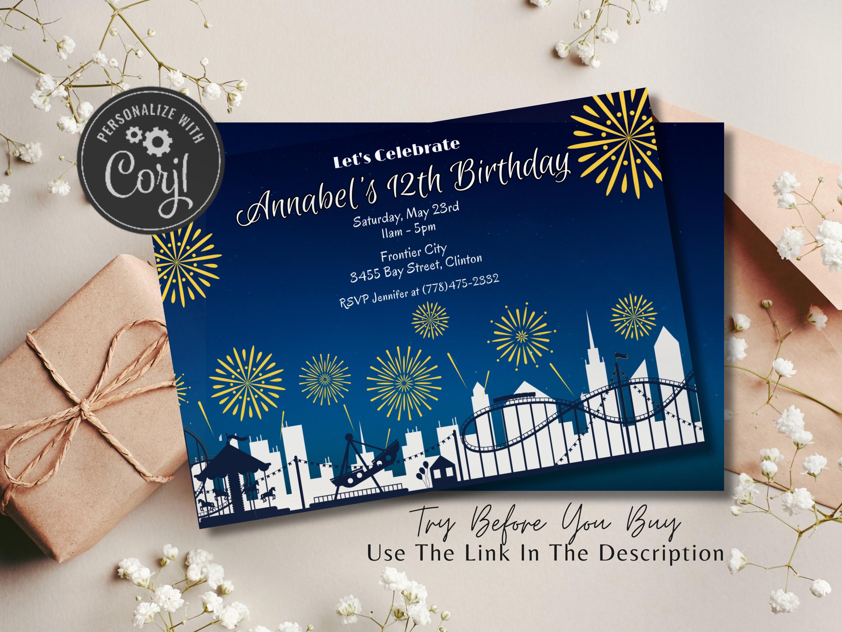 Editable Theme Park Birthday Invitation, Printable Carnival Invitation ...