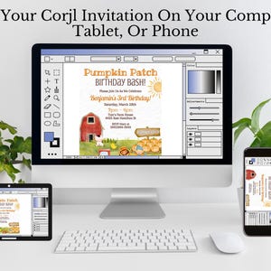 May include: A computer screen displaying a digital invitation for a pumpkin patch birthday party. The invitation features a cartoon illustration of a red barn, pumpkins, and a sun. The text on the invitation reads "Pumpkin Patch Birthday Bash!" and "Benjamin's 3rd Birthday!"
