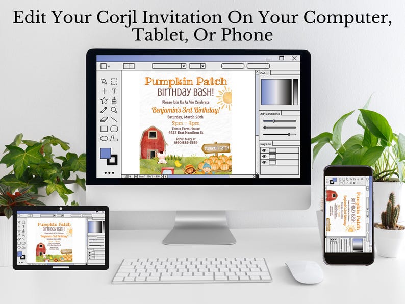 May include: A computer screen displaying a digital invitation for a pumpkin patch birthday party. The invitation features a cartoon illustration of a red barn, pumpkins, and a sun. The text on the invitation reads "Pumpkin Patch Birthday Bash!" and "Benjamin's 3rd Birthday!"