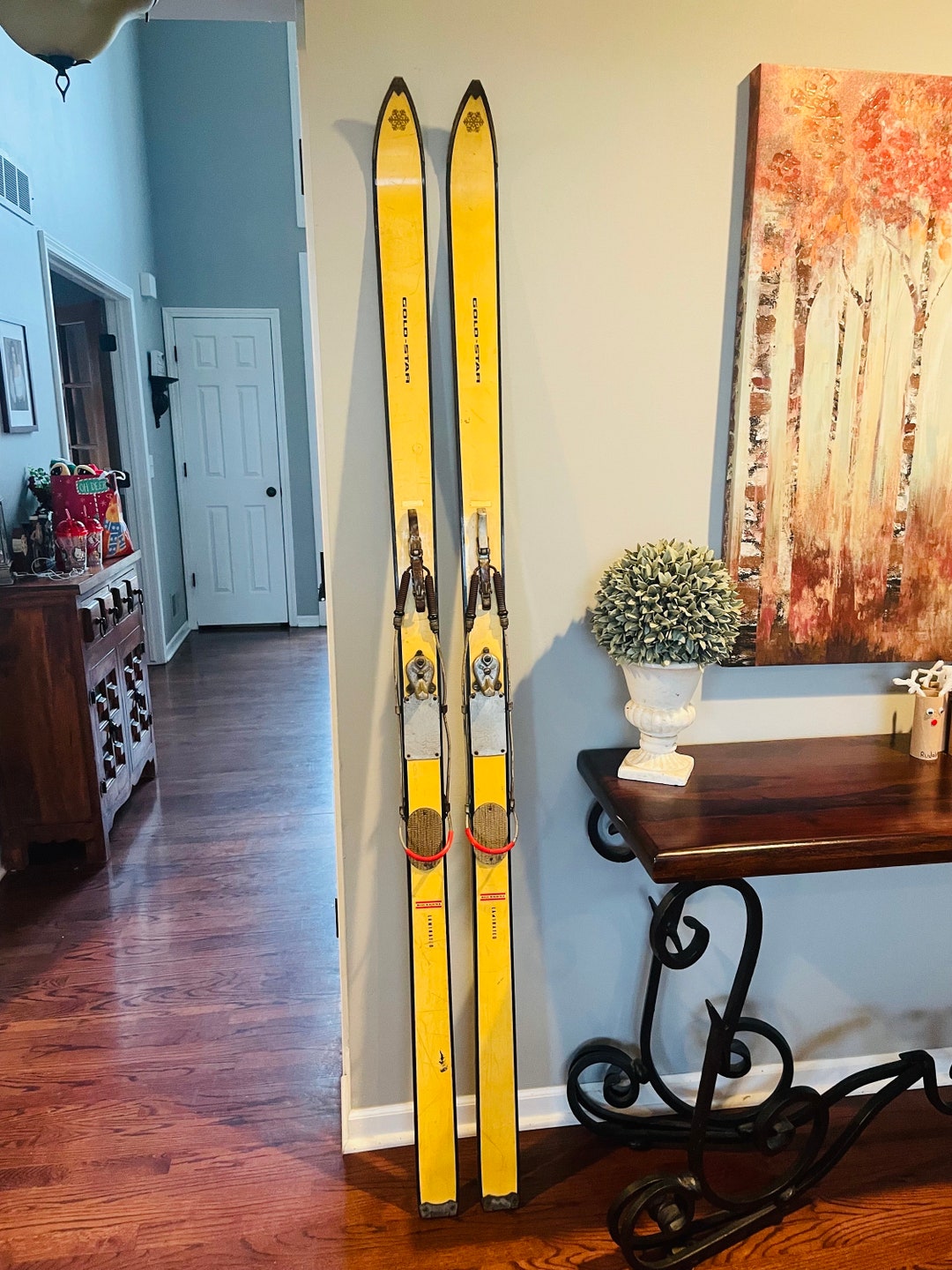 Vintage Austrian Made Gold Star Brand Snow Skis With Metal Cable