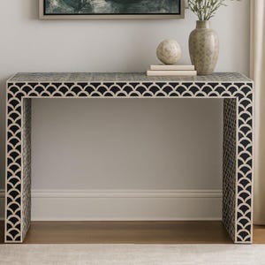 Handmade Black Fish Bone Inlay Console Table, Luxury Entryway Hallway Accent Table, Artisan Wood Furniture, Custom Size Available