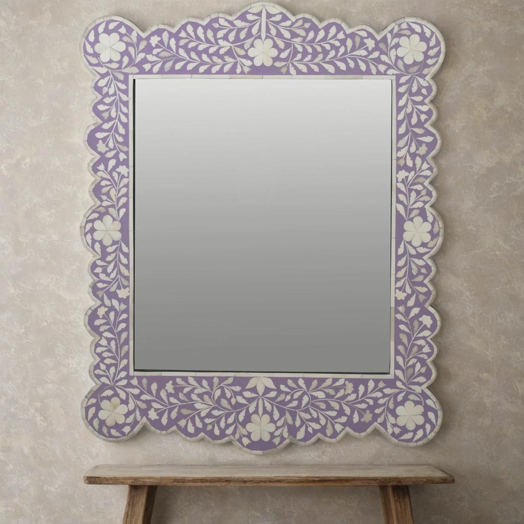 Luxury Floral Bone Inlay Rectangle Mirror Frame - Statement Piece for Home, Home Décor, Handcrafted Wall Décor, Bathroom Décor Furniture
