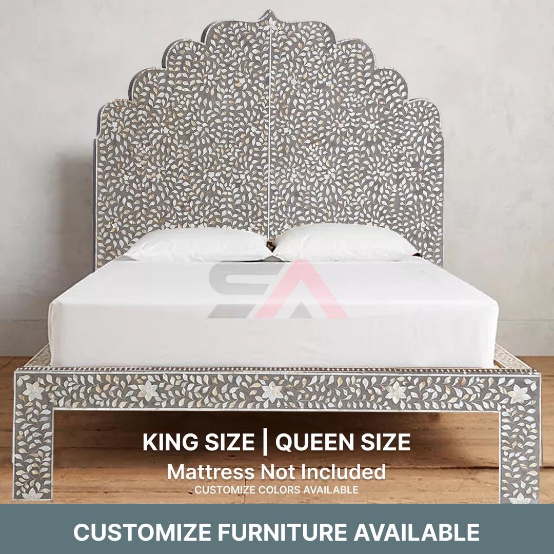 Handmade MOP Inlay Bed – Luxury Floral Pattern Bed With Mother of Pearl ...