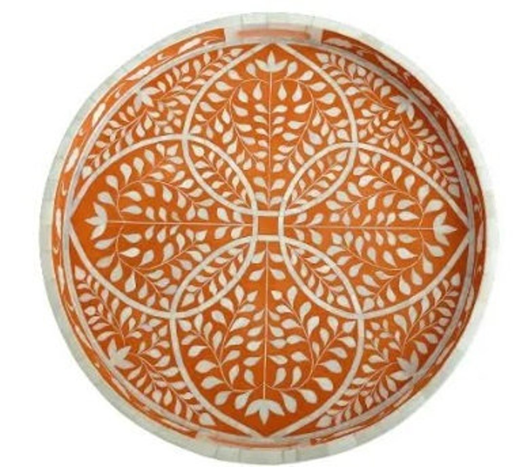 Handmade Round Bone Inlay Tray Floral Home Decorative Tray Home Décor