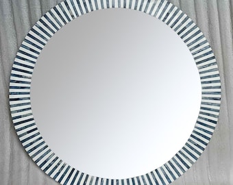 Modern Blue Bone Inlay Mirror Frame - Artisan Crafted Decorative Wall Mirror, Round Mirror, Home Décor, Handcrafted Bathroom Décor Furniture