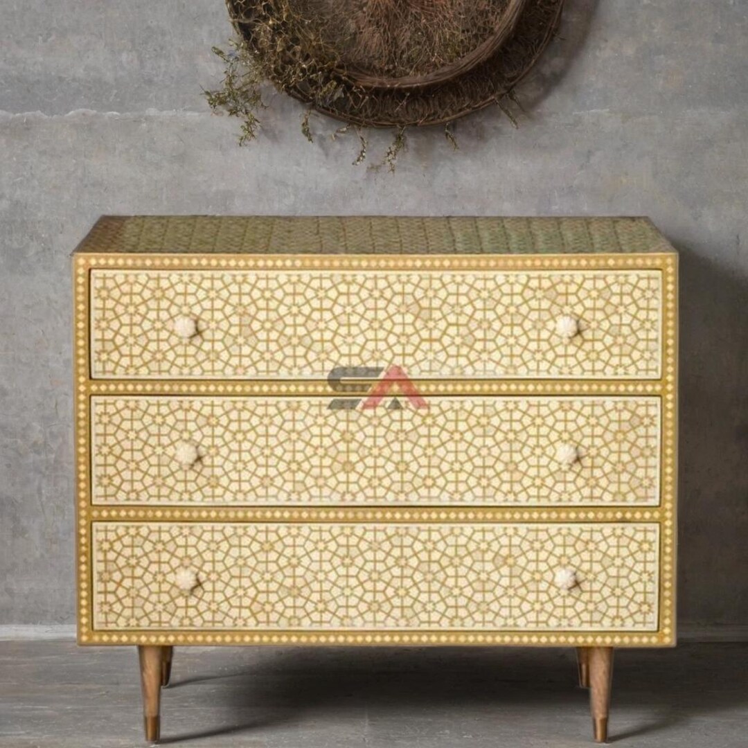 Modern Bone Inlay Handmade Bone Inlay Sideboard: Modern Pattern 3-drawer Storage Cabinet ...