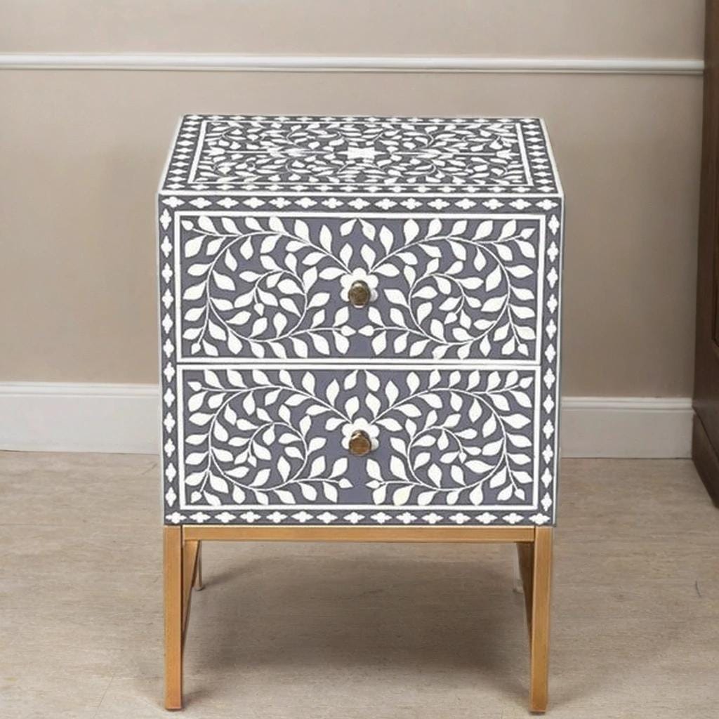 骨象嵌フローラル2段ベッドサイドテーブル（アイアン脚