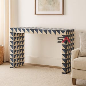 Handmade Bone Inlay Console Table | Modern Geometric Entryway Table | Blue & White Hallway Accent Table | Boho Decor Furniture