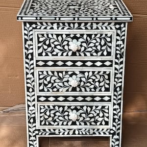 Floral Pattern Bone Inlay 3 Drawer Bedside Table – Handcrafted Nightstand, Elegant Storage Table, Unique Bedroom Furniture