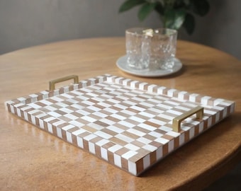 Handmade Bone Inlay Tray | Checkered Wooden & Bone Serving Tray with Brass Handles | Decorative Coffee Table Tray | Luxury Kitchen  Decor