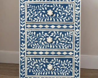 Floral Pattern Bone Inlay 3 Drawer Bedside Table - Handmade Nightstand, End Table, Side Table - Chic Boho Home Décor, living room furniture